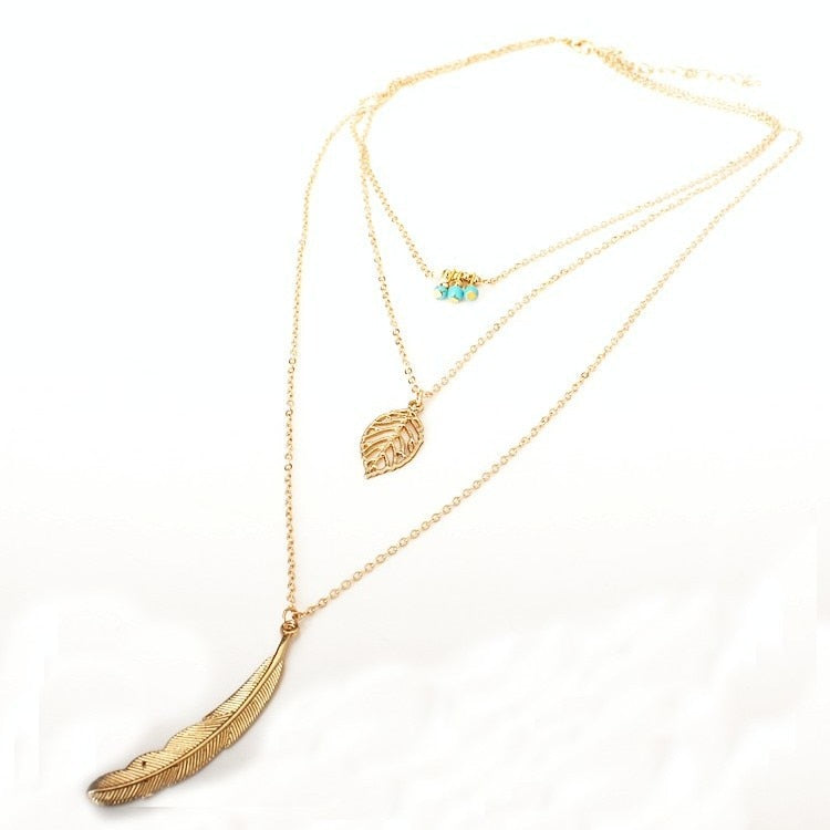 Vintage Feather Leaf Sequined Pendant Necklace